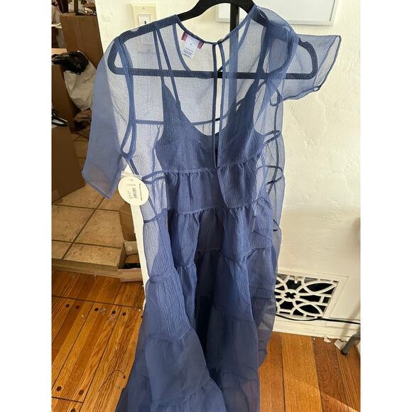 STAUD Hyacinth Tiered Organza Maxi Dress in Navy S - Picture 2 of 5